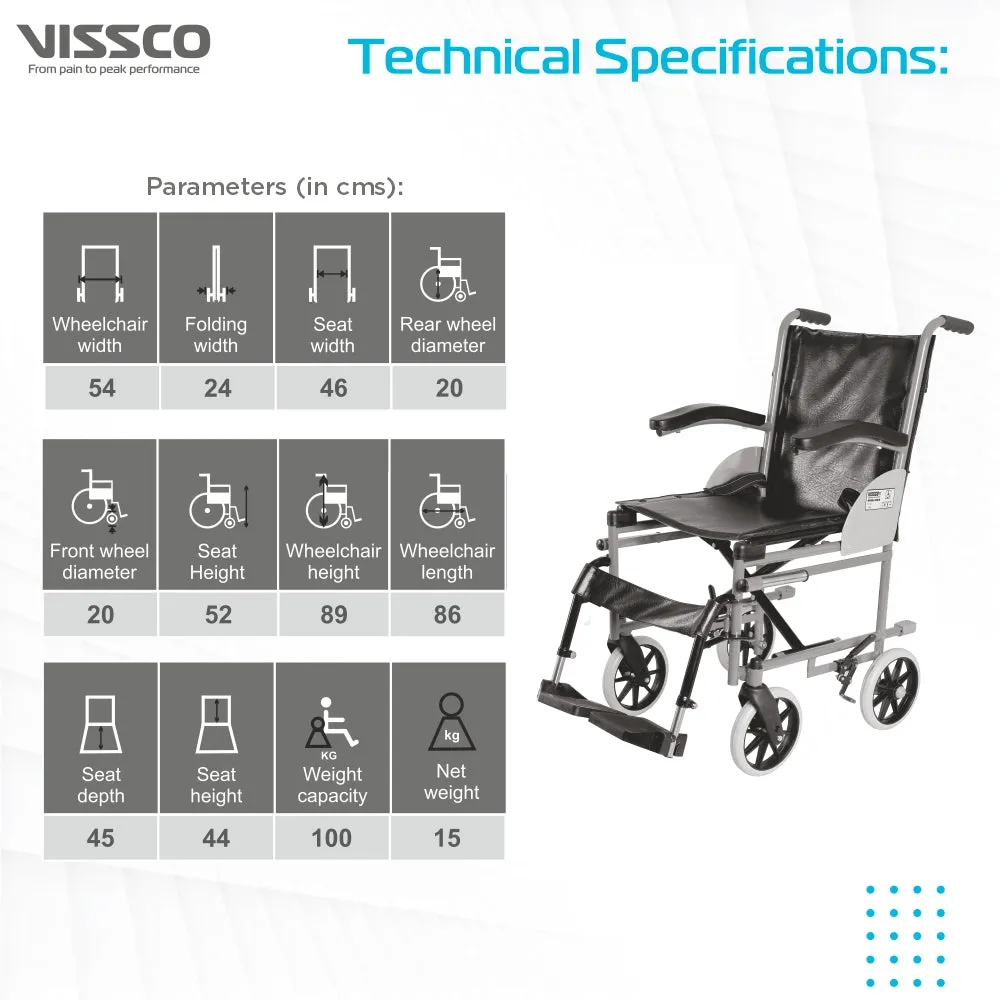 Imperio Wheelchair Institutional with 200mm Wheels | Fixed Armrest | Foldable | Weight Bearing Capacity 100kg | Color (Blue/Grey)