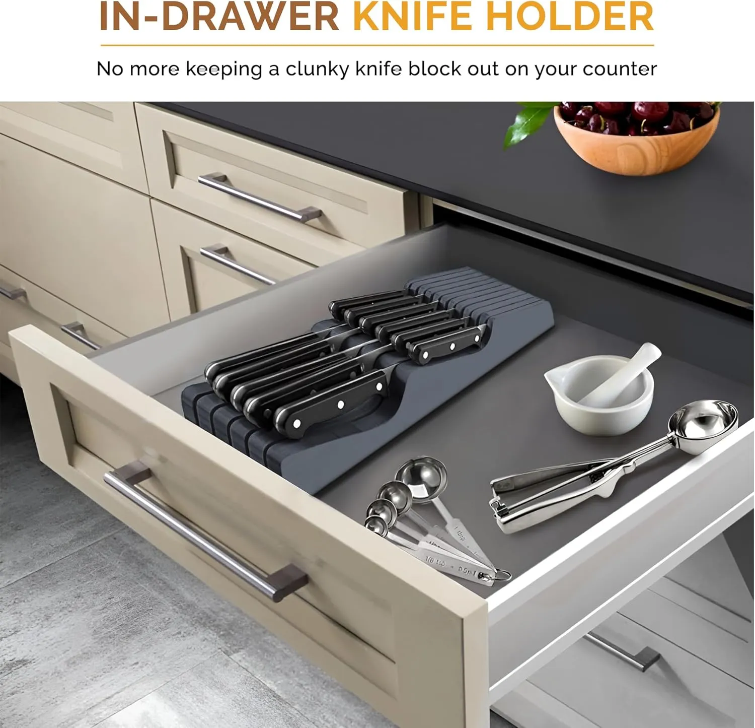 In-Drawer Knife Block - Bamboo Knife Drawer Organizer for Kitchen - Fits 5 Long   6 Short Knives, Store Knives with Blades Pointing Down - Wooden Steak knife Holder without Knives (Grey)