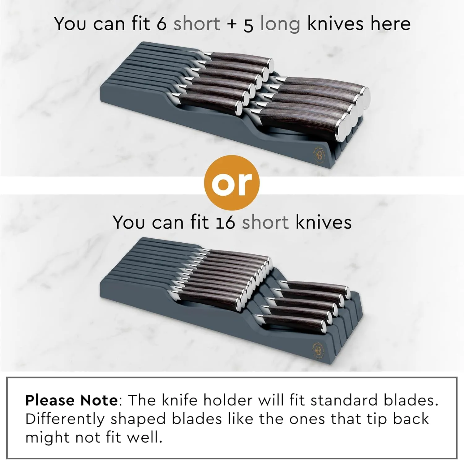 In-Drawer Knife Block - Bamboo Knife Drawer Organizer for Kitchen - Fits 5 Long   6 Short Knives, Store Knives with Blades Pointing Down - Wooden Steak knife Holder without Knives (Grey)