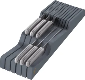 In-Drawer Knife Block - Bamboo Knife Drawer Organizer for Kitchen - Fits 5 Long   6 Short Knives, Store Knives with Blades Pointing Down - Wooden Steak knife Holder without Knives (Grey)