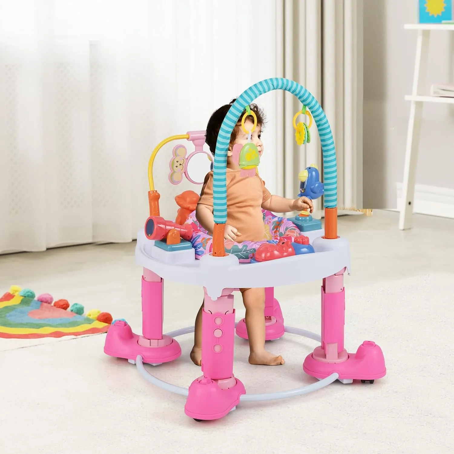 INFANS Baby Bouncer Activity Center, 5 in 1 Toddler Bouncing Activity Saucer Playtime Mat Activity Table with 360°Rotating Seat, 3 Adjustable Height, Foldable Exersaucer Learning Walker (Pink)