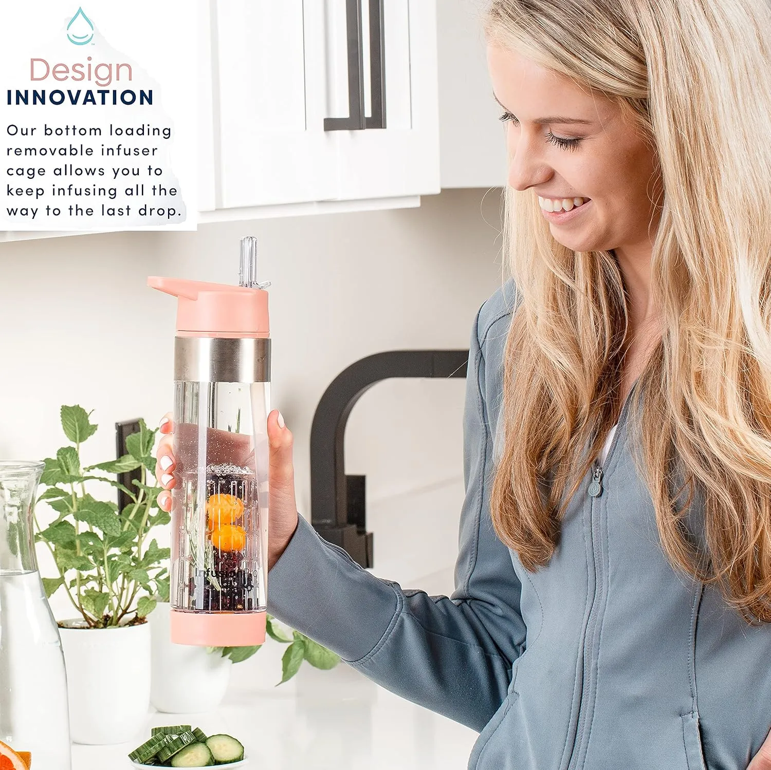 Infusion Pro Fruit Infuser Water Bottle with Straw Lid 24 oz : Flip-Up Straw : Insulated Sleeve & Fruit Infusion Water eBook : Bottom Loading Infuser for More Flavor - Blue Jade