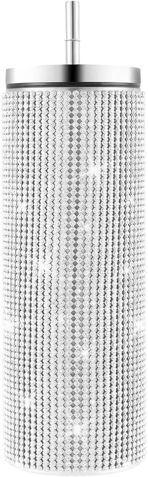 INSTOME Sparkling Rhinestone Tumbler 20oz - Bling Stainless Steel Cup with Diamonds, Perfect Glitter Gift for Women, Girls, Bridesmaids (silver, 20oz)