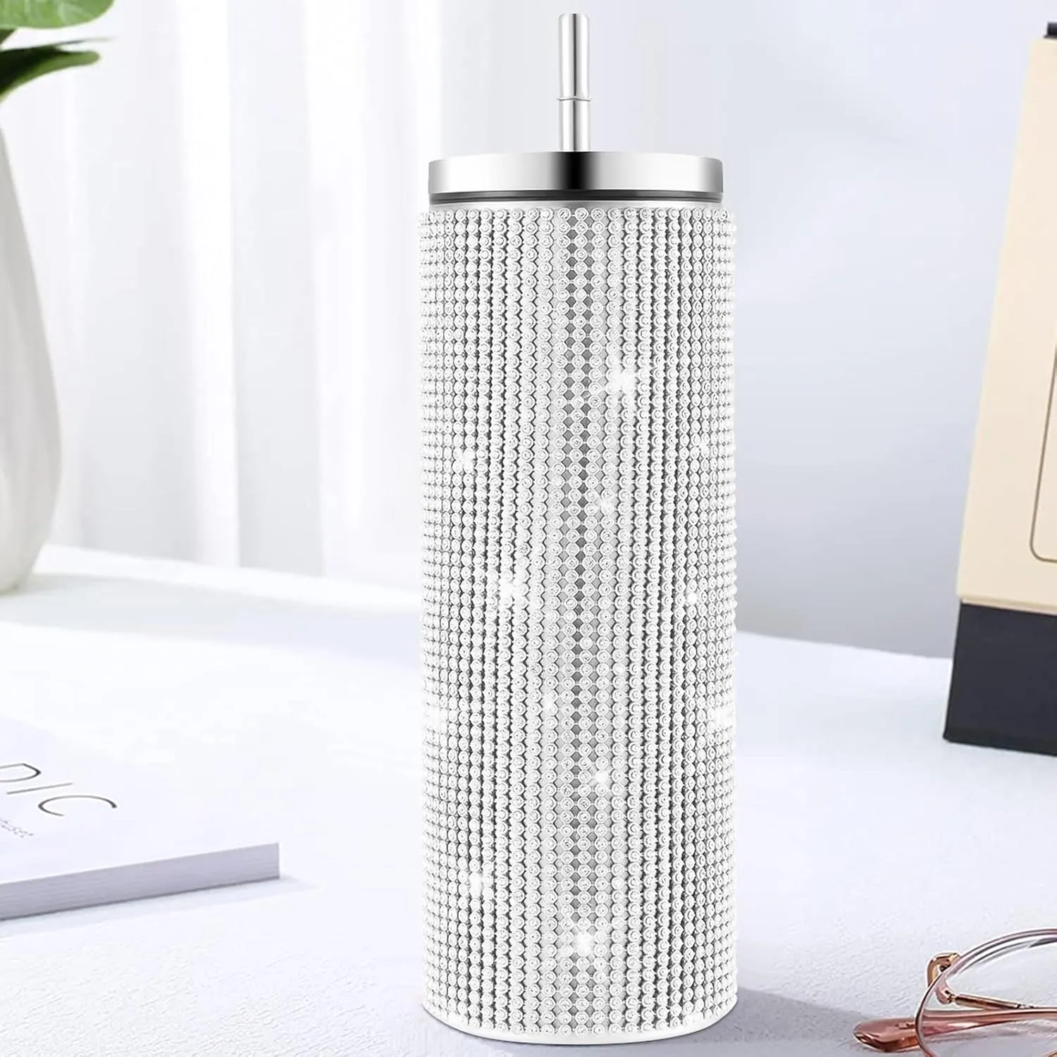 INSTOME Sparkling Rhinestone Tumbler 20oz - Bling Stainless Steel Cup with Diamonds, Perfect Glitter Gift for Women, Girls, Bridesmaids (silver, 20oz)