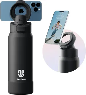 Insulated Magnetic Water Bottle - Reusable Stainless Steel Bottle with MagSafe Compatible Phone Holder - Keeps Cold for 24 Hours - Perfect for Gym, Sports, and Travel - Black 32oz