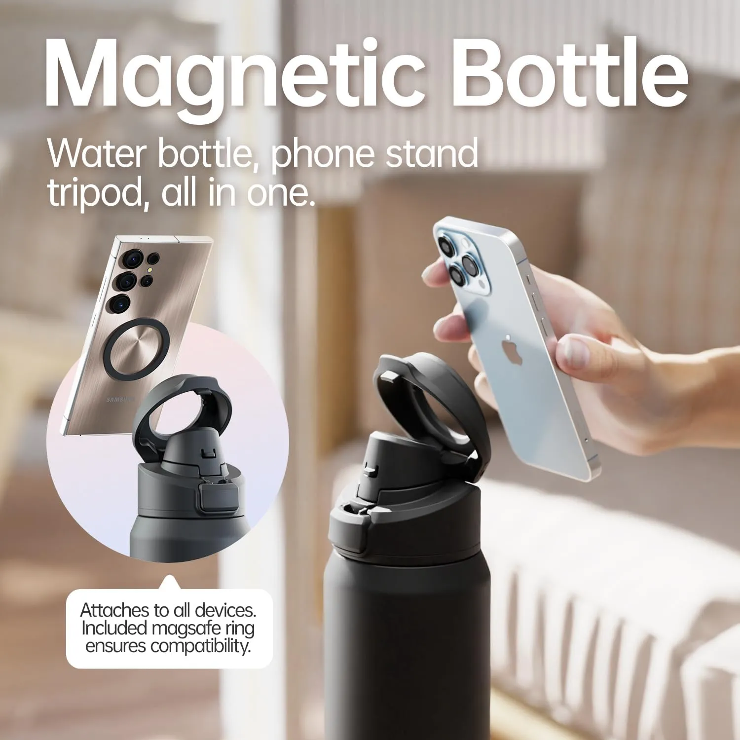 Insulated Magnetic Water Bottle - Reusable Stainless Steel Bottle with MagSafe Compatible Phone Holder - Keeps Cold for 24 Hours - Perfect for Gym, Sports, and Travel - Black 32oz