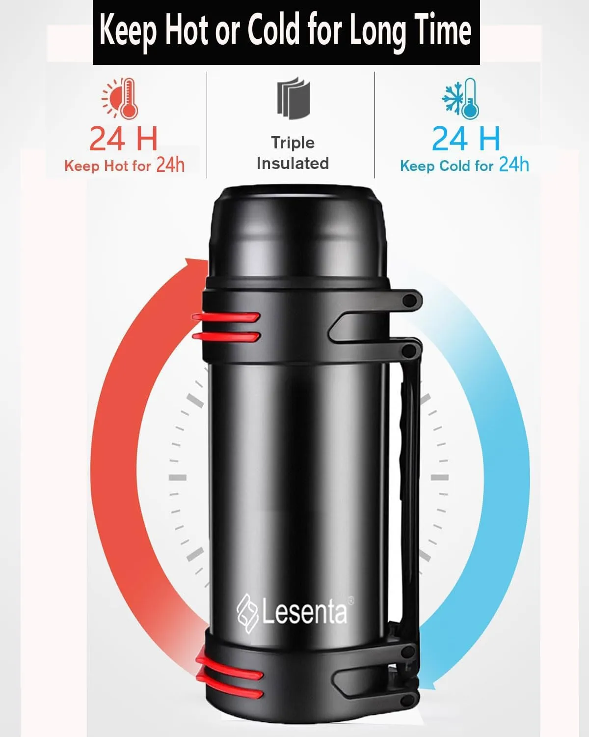 Insulated Thermoses 86oz for Coffee Hot & Cold Drink Stainless Steel Water Bottle with Wide Mouth Spout lid and Adjustable Strap (Black 86 Ounce)