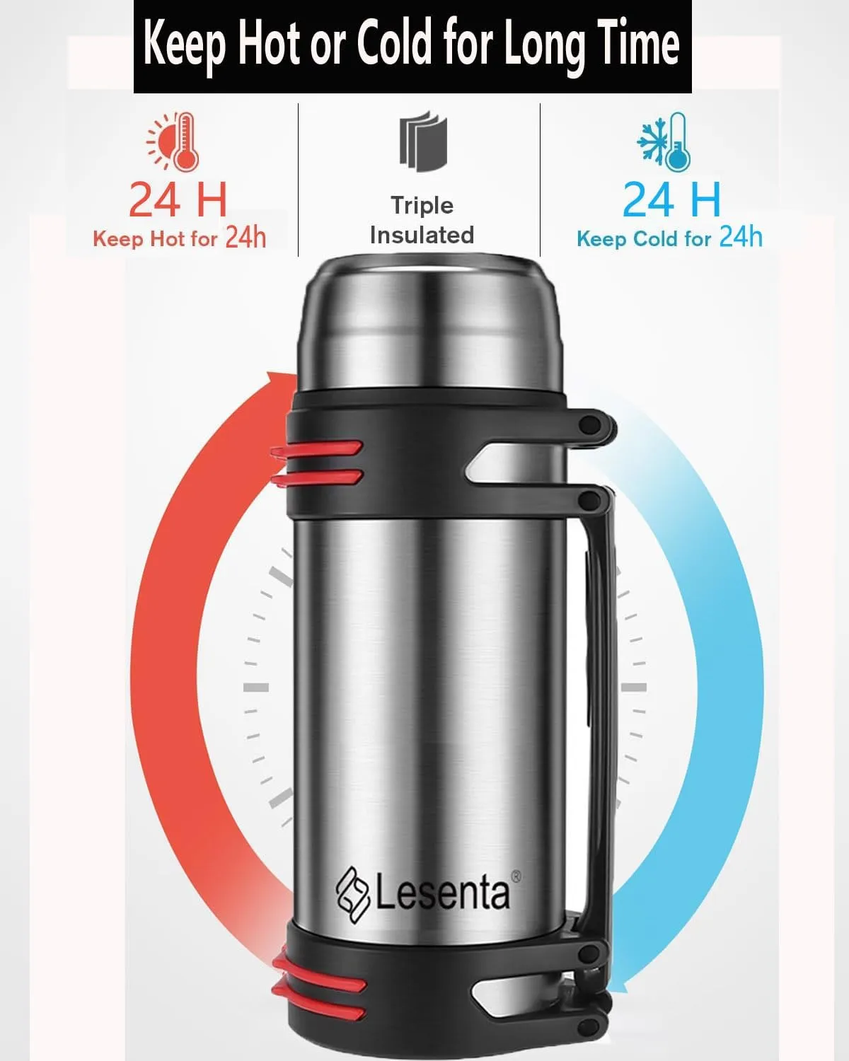 Insulated Thermoses 86oz for Coffee Hot & Cold Drink Stainless Steel Water Bottle with Wide Mouth Spout lid and Adjustable Strap (Sliver 40.5oz)