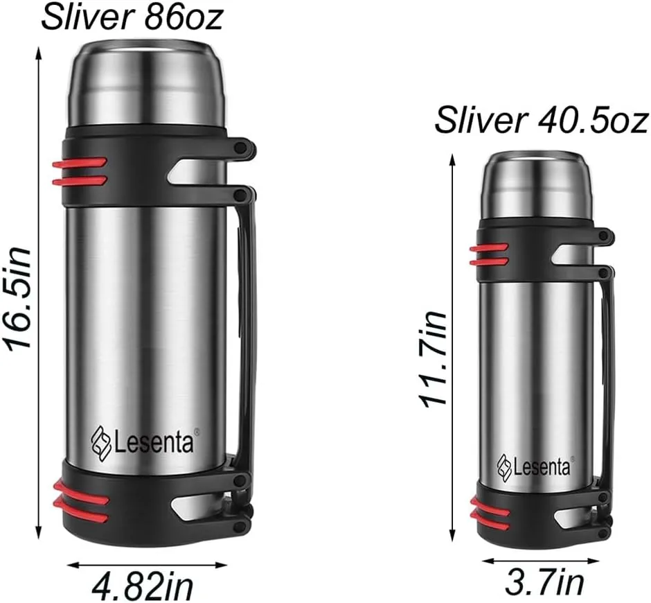 Insulated Thermoses 86oz for Coffee Hot & Cold Drink Stainless Steel Water Bottle with Wide Mouth Spout lid and Adjustable Strap (Sliver 40.5oz)