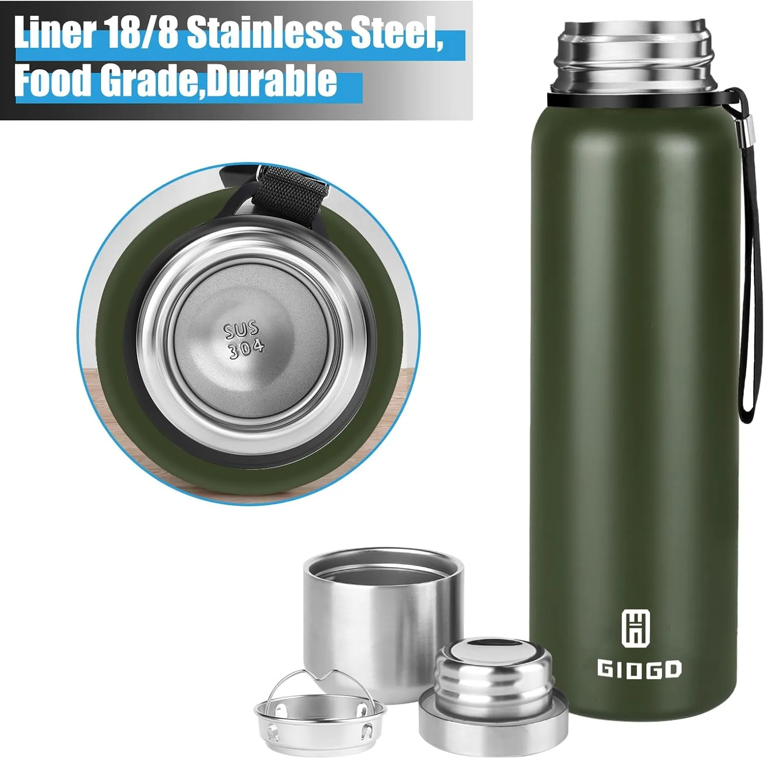 Insulated vacuum Thermo Bottle 1000ml/33.8oz with cup Stainless steel coffee bottles for hot and cold drink water flask.(Green,1000ml)
