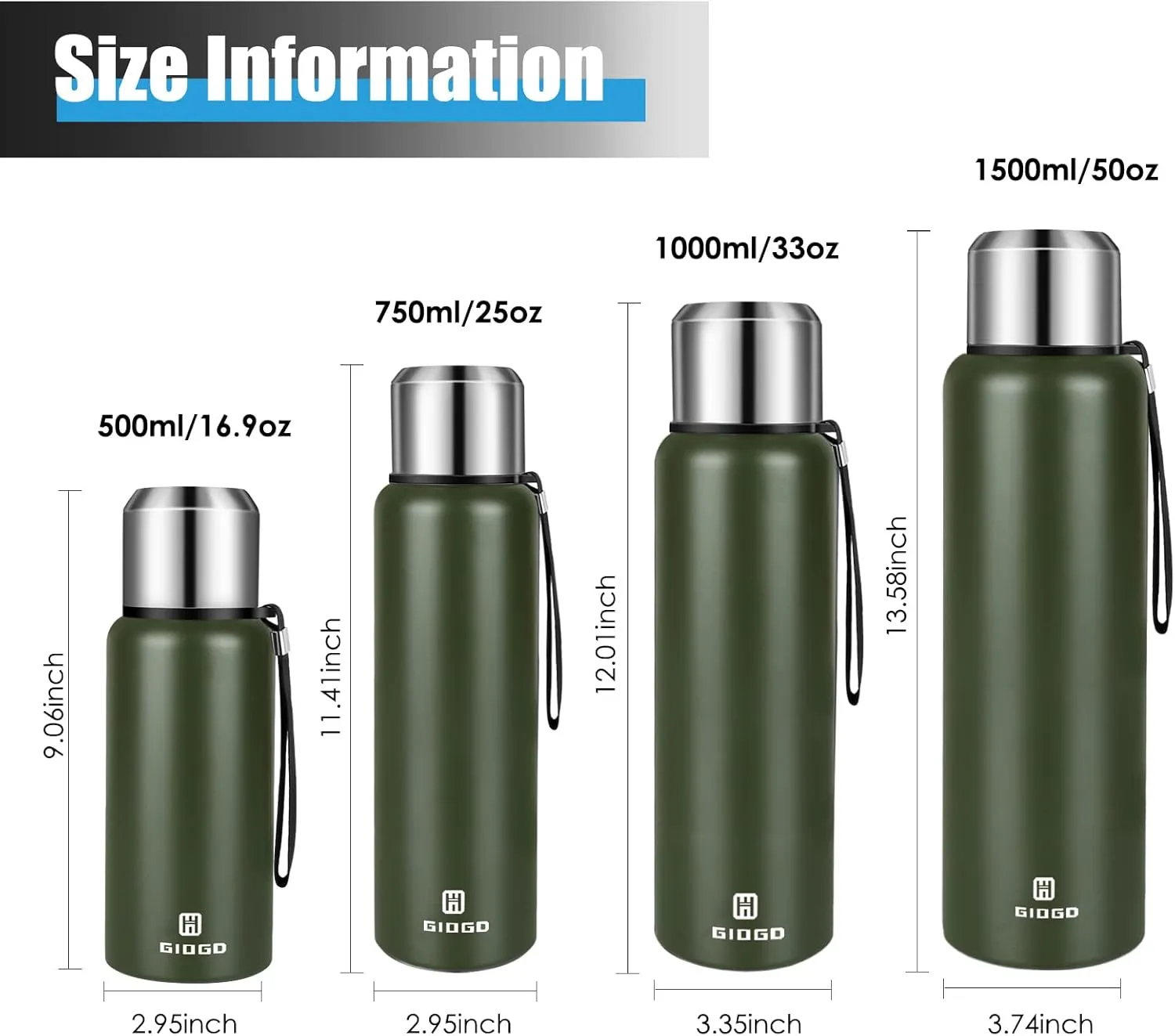 Insulated vacuum Thermo Bottle 1000ml/33.8oz with cup Stainless steel coffee bottles for hot and cold drink water flask.(Green,1000ml)