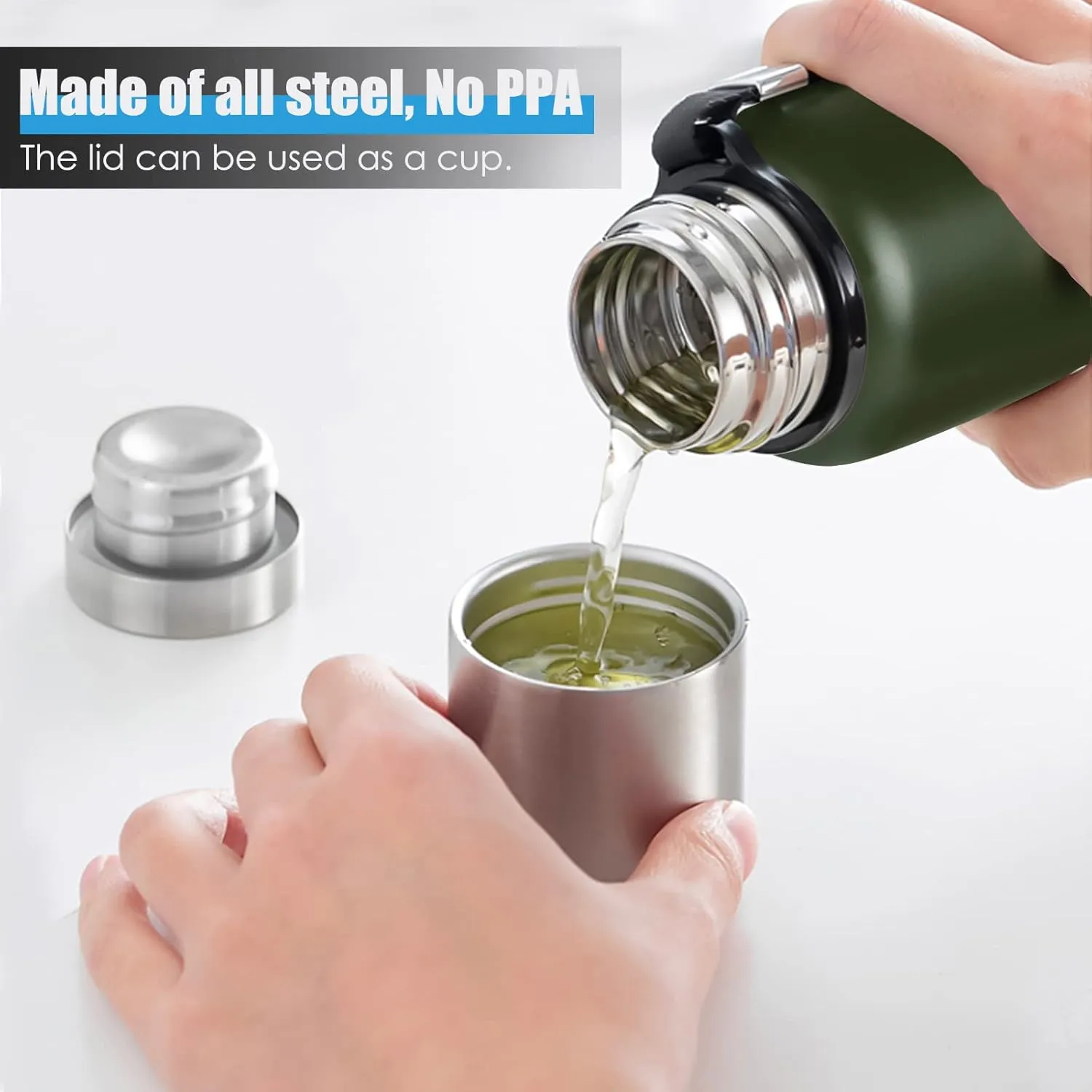 Insulated vacuum Thermo Bottle 1000ml/33.8oz with cup Stainless steel coffee bottles for hot and cold drink water flask.(Green,1000ml)