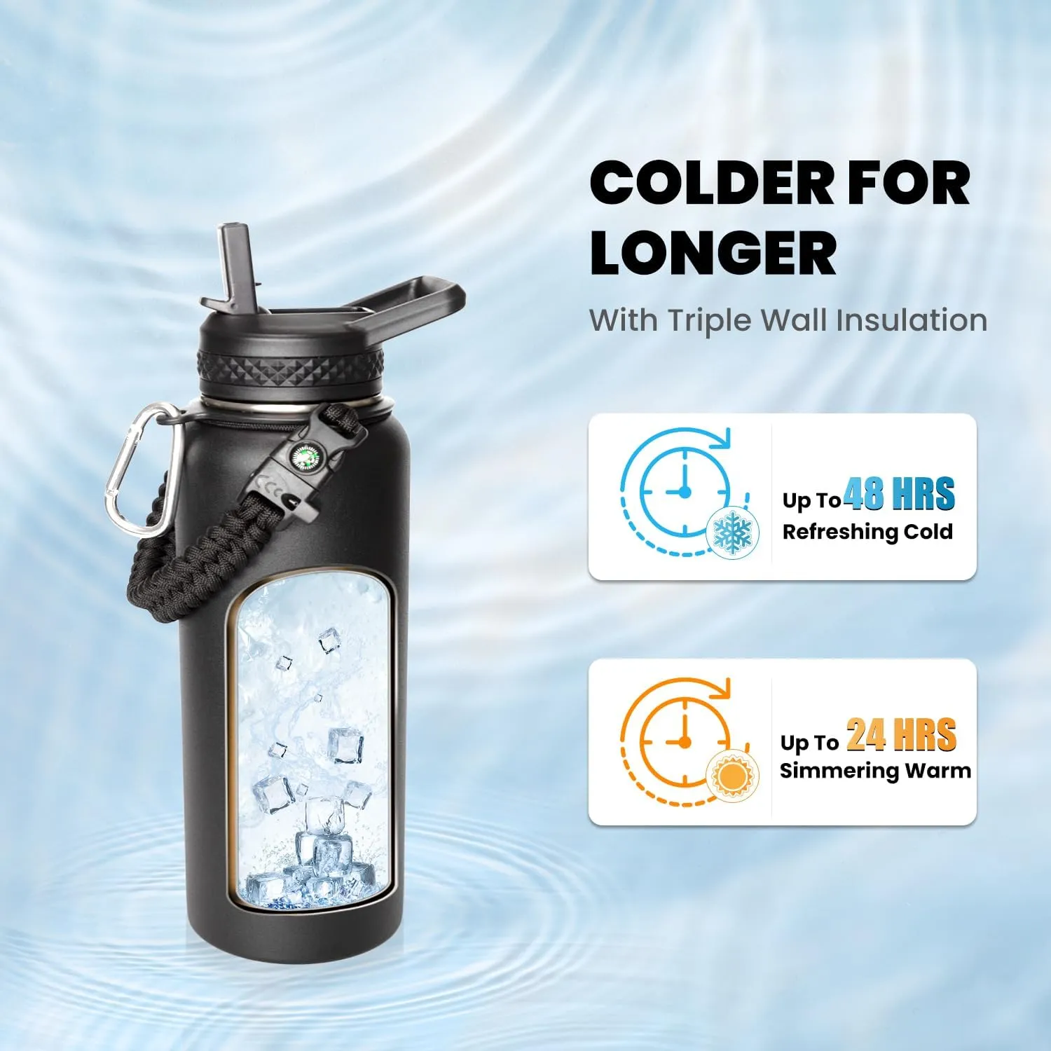 Insulated Water Bottle 32 oz, Triple Wall Vacuum Stainless Steel (Cold for 48 Hrs), Leak Proof & Non-BPA, Modern Water Flask Jug with Paracord Handle & Straw Spout Lids, Magic Black