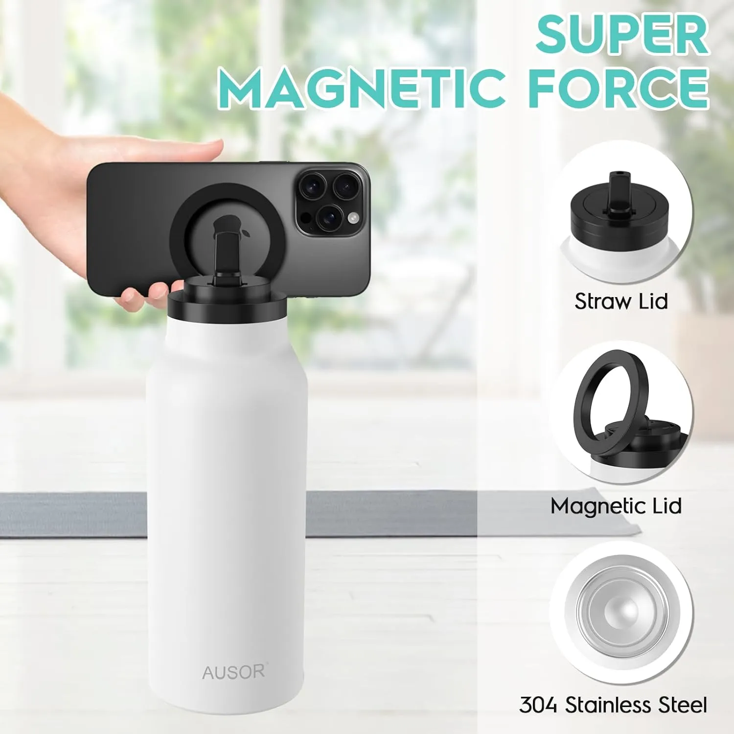 Insulated Water Bottle with Magnetic Phone Holder - Stainless Steel Water Bottle with Magnetic Phone Tripod Mount - Hot 12H, Cold 24H, 360° Rotate - White 32oz