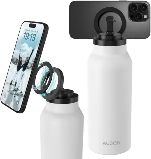 Insulated Water Bottle with Magnetic Phone Holder - Stainless Steel Water Bottle with Magnetic Phone Tripod Mount - Hot 12H, Cold 24H, 360° Rotate - White 32oz