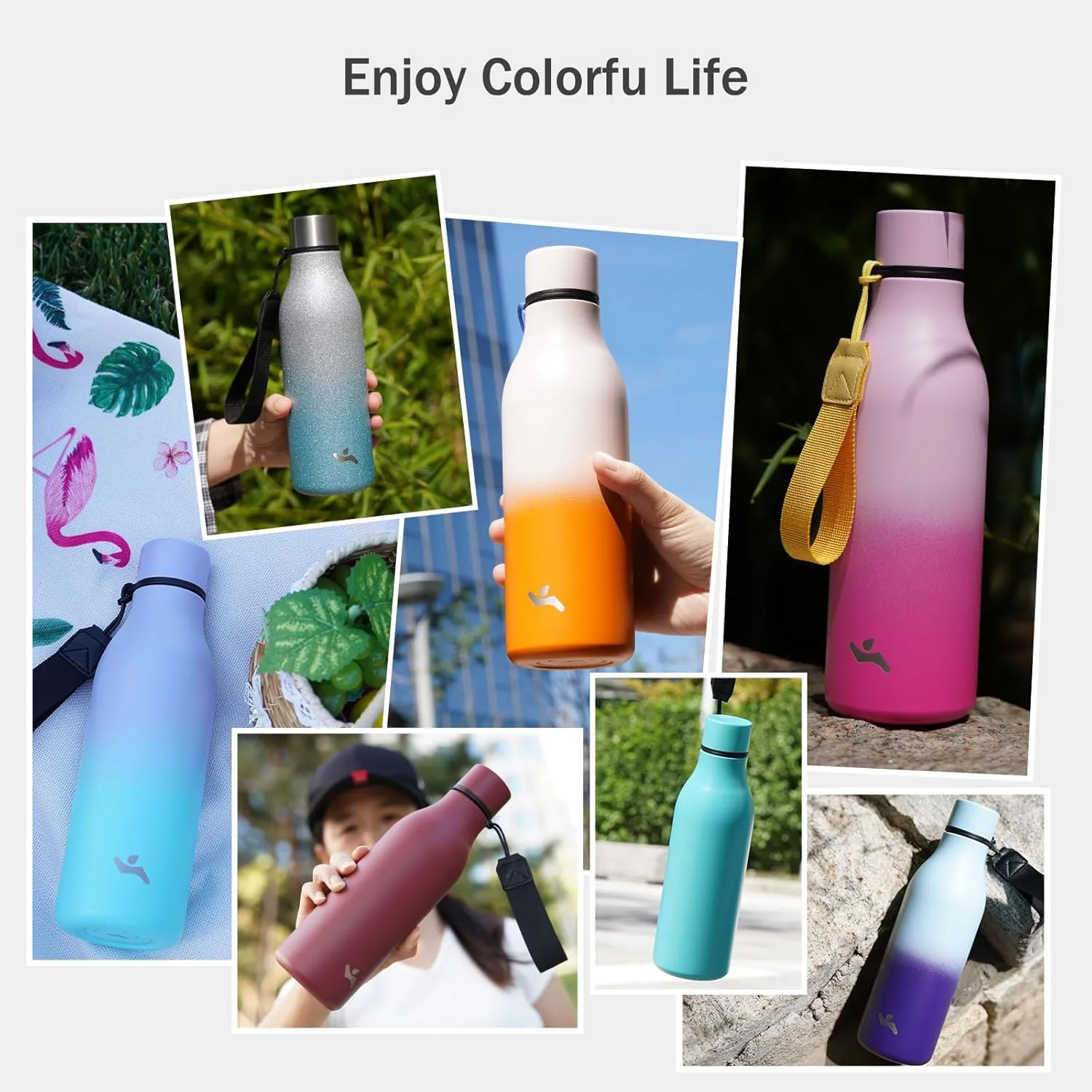 Insulated Water Bottle with Strap,25 oz Double Wall Stainless Steel Vacuum Bottles Metal Water Flask,Black