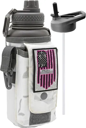 Iron Infidel Battle Bottle - 32 Oz Insulated Water Bottle with Straw Lid & Chug Cap, Stainless Steel Metal Flask Includes Rugged, Removable Sleeve for Keys, Wallet, & Phone (Arctic Camo 1 Liter)