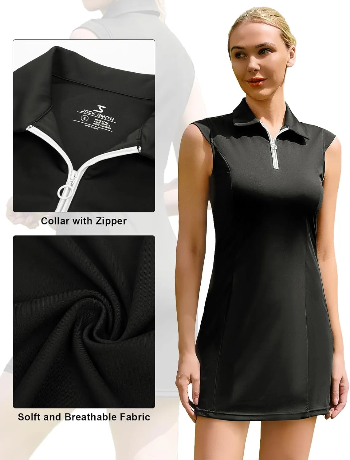 JACK SMITH Women Tennis Dress with Shorts Pockets Zip up Golf Athletic Workout Sleeveless Exercise Dresses