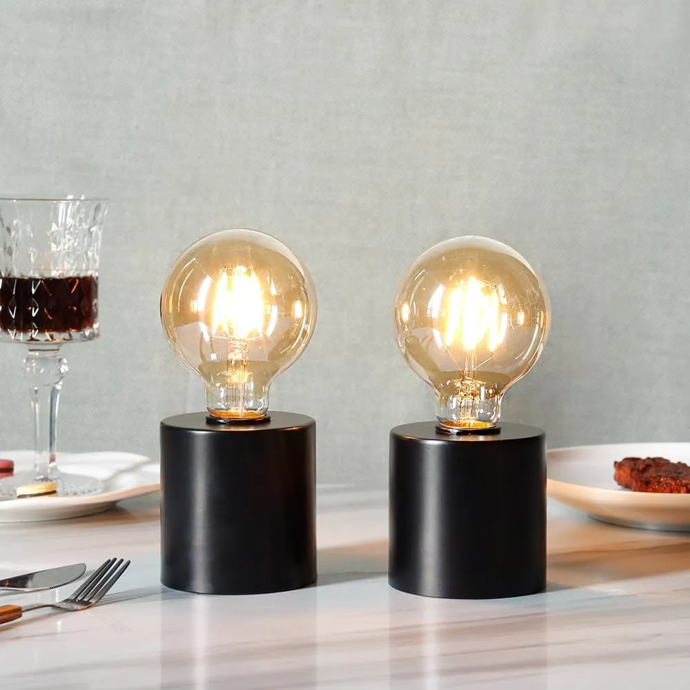 JHY DESIGN Set of 2 Black Table Lamp Battery Powered 7" Tall Cordless Lamp Light with Edison Style Bulb Battery Operated Great for Living Room Bedroom Weddings Parties Indoors Outdoors