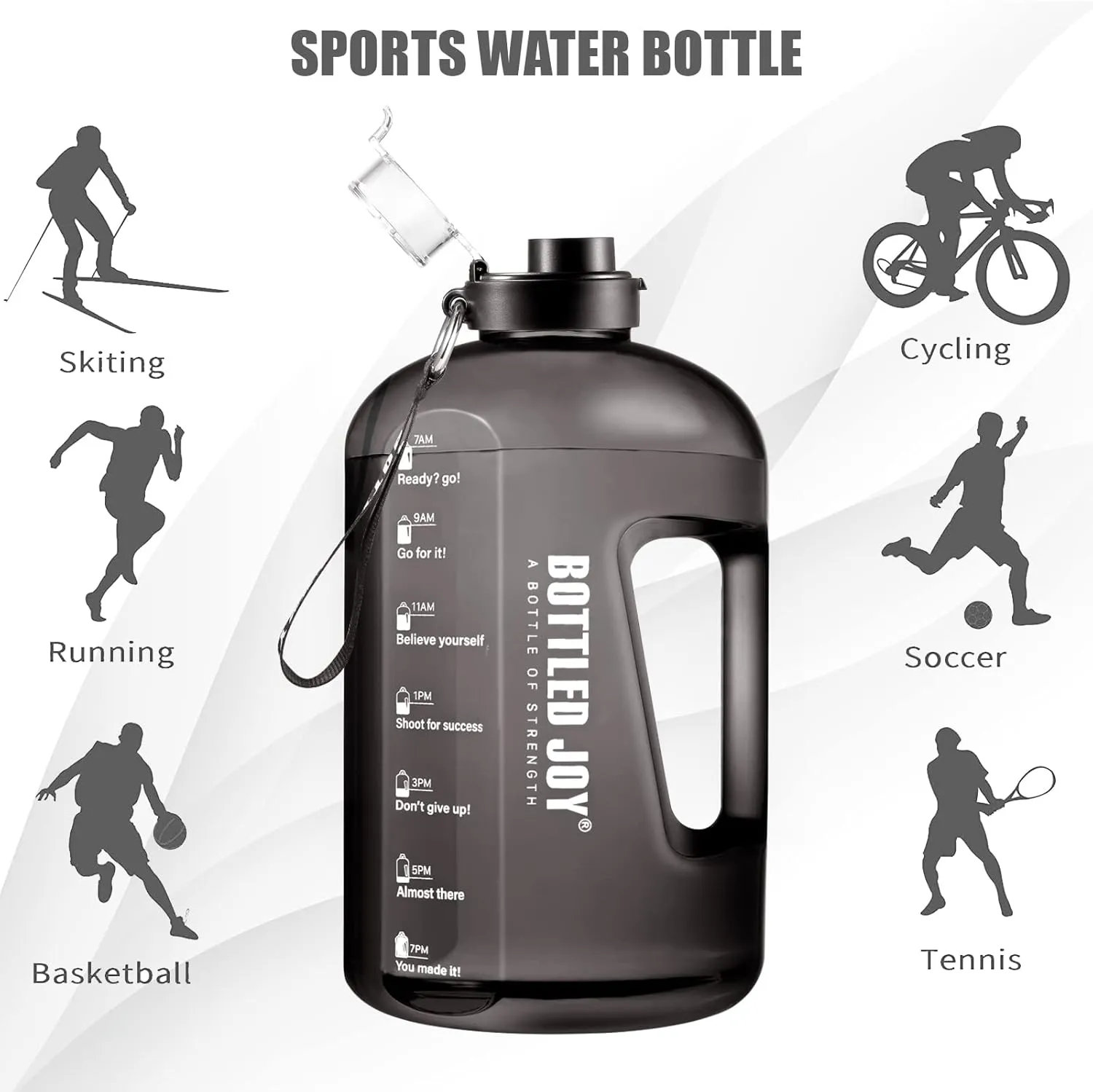 JIMACRO Water Bottle, BOTTLED JOY 1 Gallon Sports Water Bottle with Time Markings and Reusable, 128 Oz Leakproof DUNDUN Water Bottle BPA-Free, Flip Top for Sports, Cycling, Camping