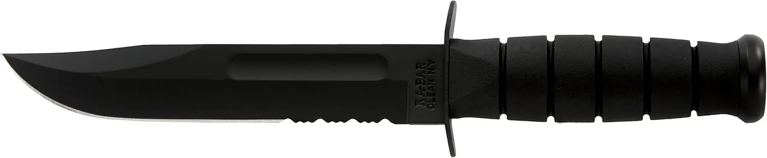 Ka-Bar Black Fighting Knife, Black Leather Sheath, 7 in., Serrated