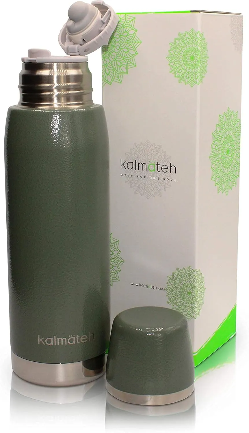 KALMATEH Thermos- Double Walled Vacuum Insulated Stainless Steel Thermos (760ml) Precise Pouring & Heat Retention- For Yerba Mate, Coffee, Tea, Camping (Military Green)