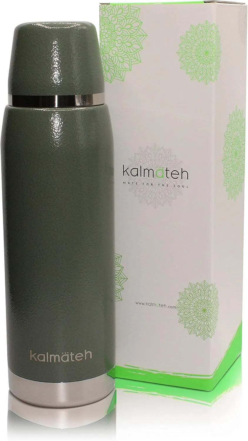 KALMATEH Thermos- Double Walled Vacuum Insulated Stainless Steel Thermos (760ml) Precise Pouring & Heat Retention- For Yerba Mate, Coffee, Tea, Camping (Military Green)