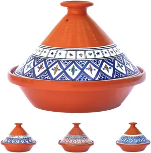 Kamsah Tagine Pot for Cooking and Flavor Enrichment - Medium Clay Pot 10”, 3.1 QT - Non-Stick Handmade Cookware - Moroccan Ceramic Pots for Cooking with Lid & Serving Bowl - Bohemian Classic Blue