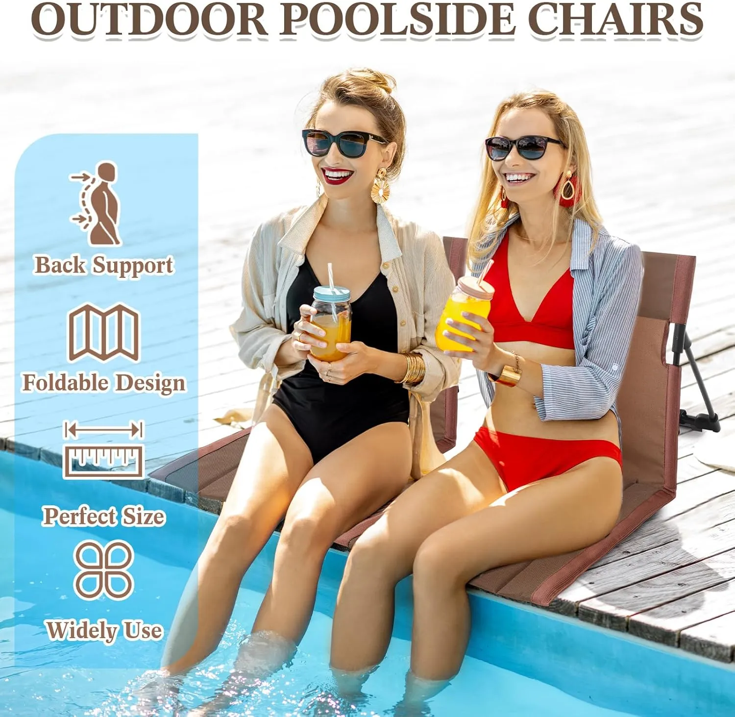 Karenhi 4 Pcs Foldable Pool Chairs Portable Poolside Chairs for Edge of Pool Provides Back Support with Carry Bag Foldable Seat for Poolside Beach Camping Picnic Lawn (Brown)