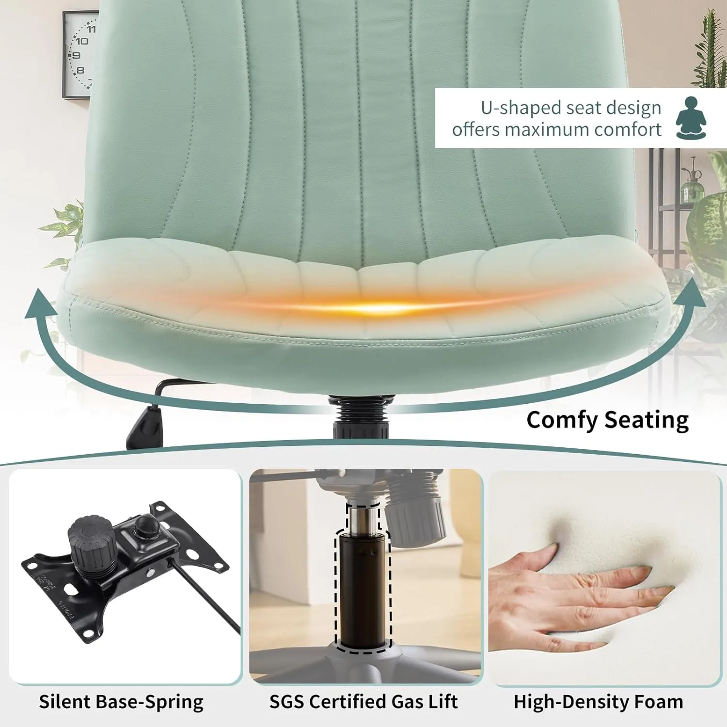 Karl home Criss Cross Chair Armless Desk Chair with Wheels Cross Legged Office Swivel-Chair Wide Adjustable Comfy Padded Vanity-Chair with Dual Purpose Base, PU Mint Green