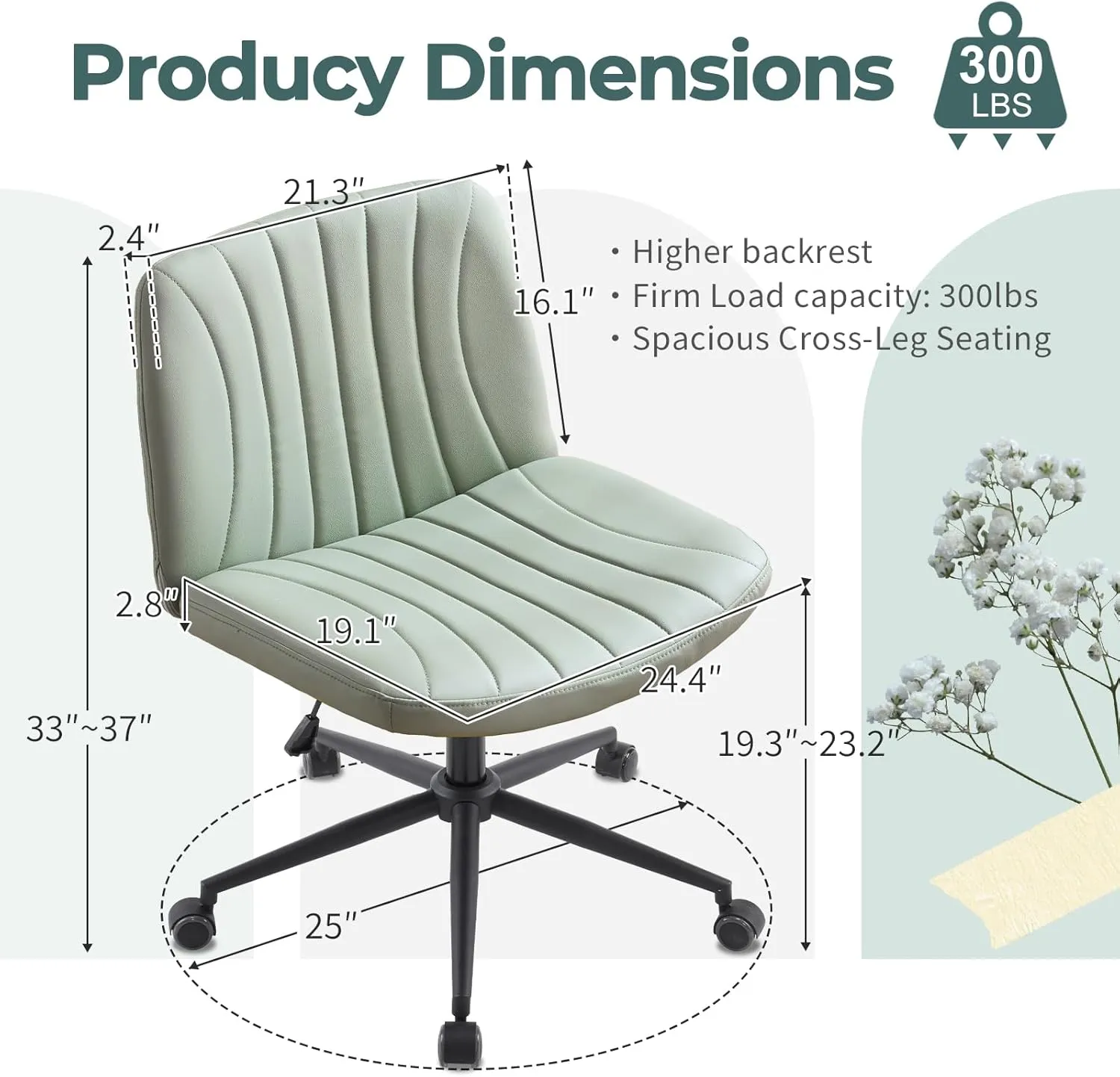 Karl home Criss Cross Chair Armless Desk Chair with Wheels Cross Legged Office Swivel-Chair Wide Adjustable Comfy Padded Vanity-Chair with Dual Purpose Base, PU Mint Green