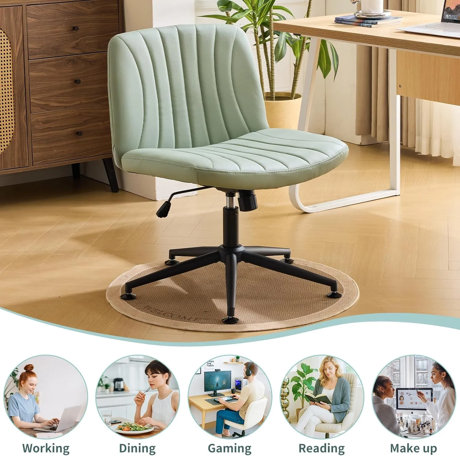 Karl home Criss Cross Chair Armless Desk Chair with Wheels Cross Legged Office Swivel-Chair Wide Adjustable Comfy Padded Vanity-Chair with Dual Purpose Base, PU Mint Green