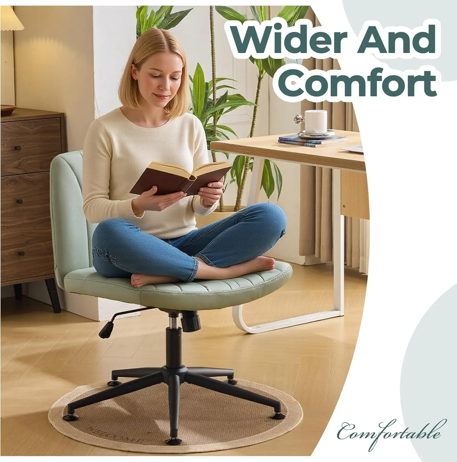 Karl home Criss Cross Chair Armless Desk Chair with Wheels Cross Legged Office Swivel-Chair Wide Adjustable Comfy Padded Vanity-Chair with Dual Purpose Base, PU Mint Green