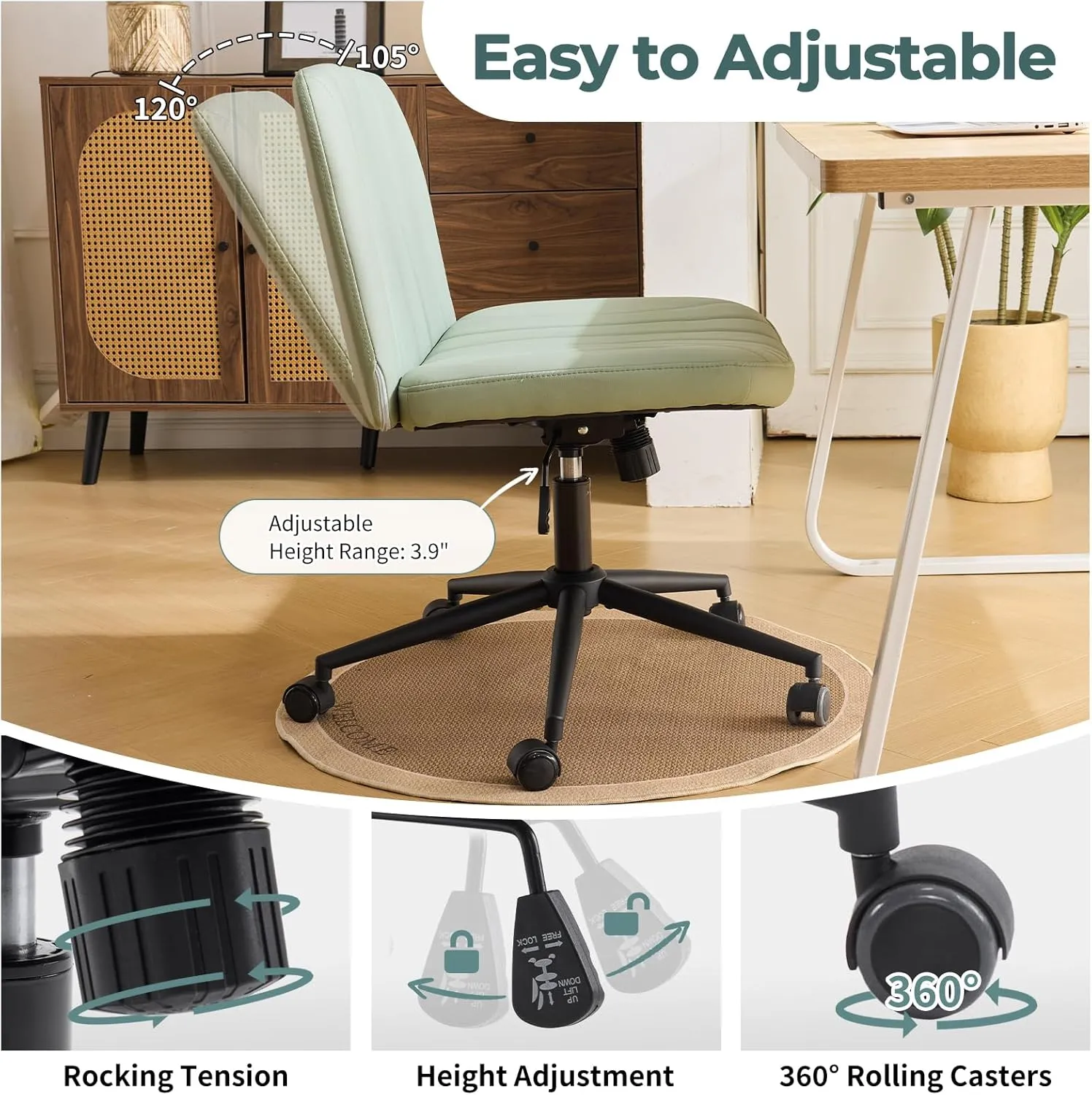 Karl home Criss Cross Chair Armless Desk Chair with Wheels Cross Legged Office Swivel-Chair Wide Adjustable Comfy Padded Vanity-Chair with Dual Purpose Base, PU Mint Green