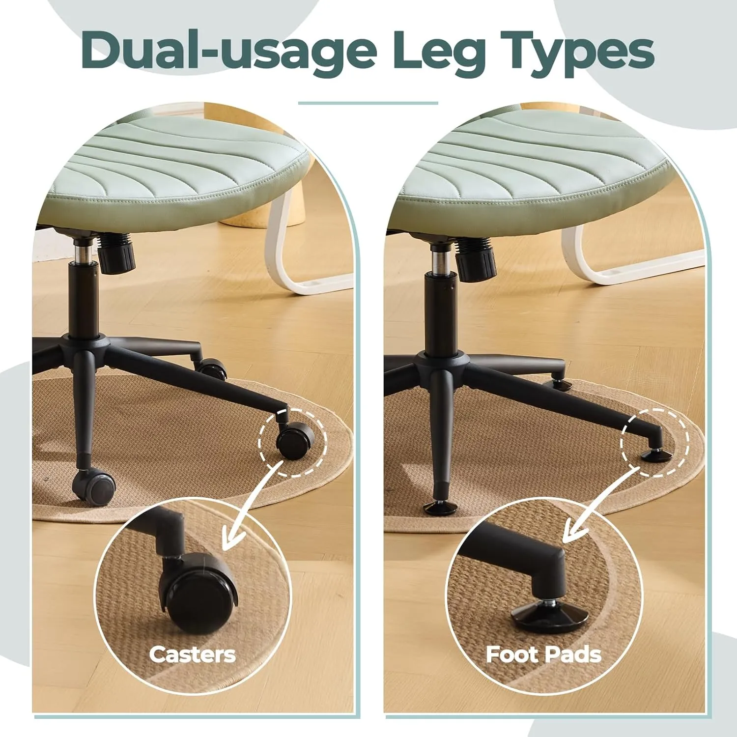 Karl home Criss Cross Chair Armless Desk Chair with Wheels Cross Legged Office Swivel-Chair Wide Adjustable Comfy Padded Vanity-Chair with Dual Purpose Base, PU Mint Green