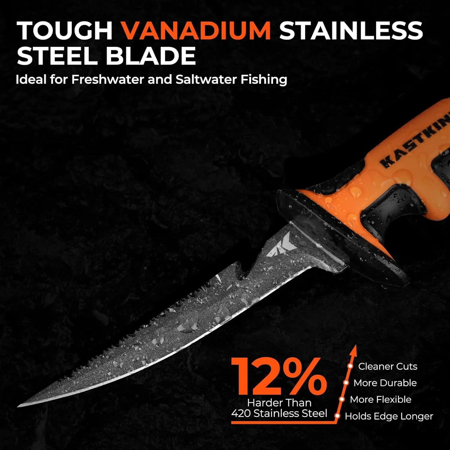 KastKing Ultimate Angler 5" Bait Knife, Razor Sharp Corrosion-resistant Vanadium Stainless Steel Blade, Fishing Knife with Dual Edge & Non-slip Handle, Includes Sheath with Sharpener & Carabiner