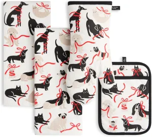 kate spade new york Holiday Pets Kitchen Towel, Oven Mitt & Pot Holder 4-Pack Set, Absorbent & Heat Resistant, 100% Cotton, Black/White/Red, 17"x28", 7"x13", 7"x10"