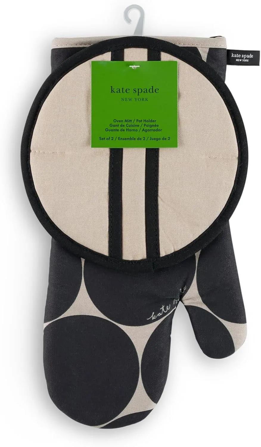 Kate Spade New York Joy Dot Oven Mitt & Pot Grabber 2-Pack Set, 7" x 13", 8" Round, Black/Beige