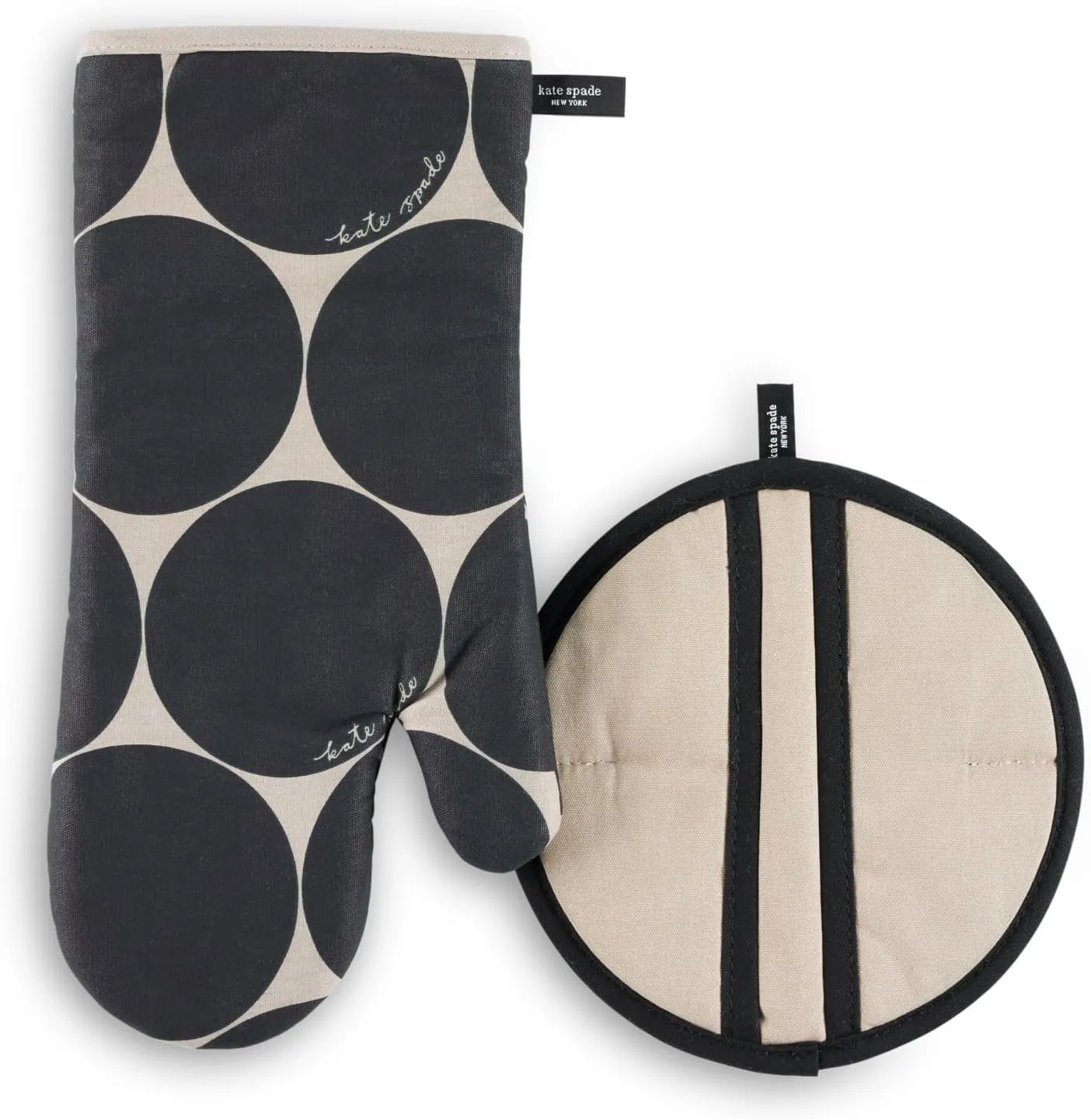 Kate Spade New York Joy Dot Oven Mitt & Pot Grabber 2-Pack Set, 7" x 13", 8" Round, Black/Beige