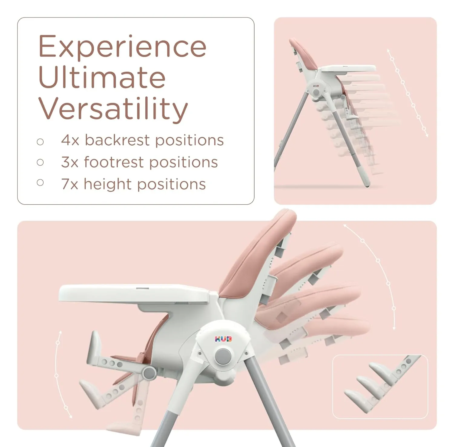 KÜB 3-in-1 Foldable Baby High Chair | 7 Height & 4 Recline Adjustable | Removable Seat & Tray for Easy Clean | 2 Locking Wheels | Multifunctional Infant Highchair for Babies Toddlers Girl (Pink)