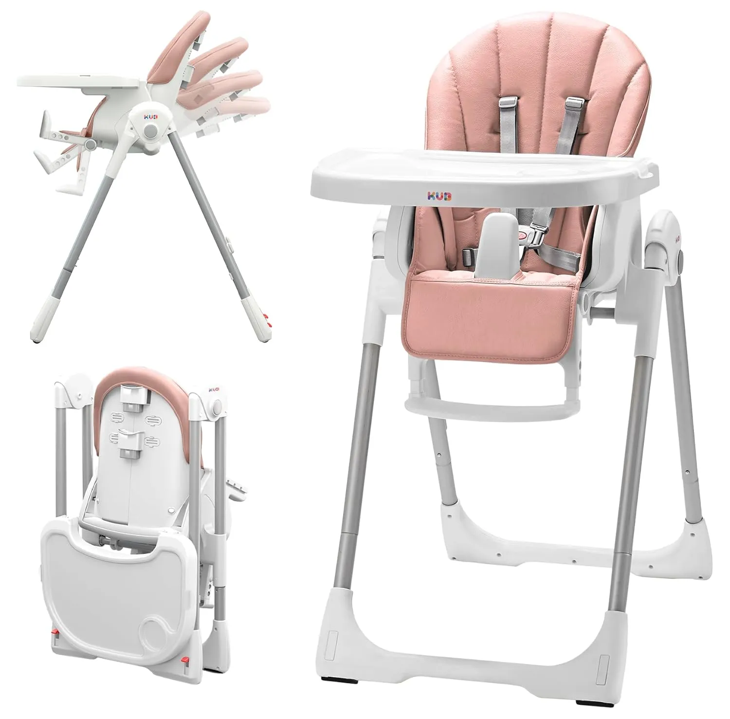 KÜB 3-in-1 Foldable Baby High Chair | 7 Height & 4 Recline Adjustable | Removable Seat & Tray for Easy Clean | 2 Locking Wheels | Multifunctional Infant Highchair for Babies Toddlers Girl (Pink)