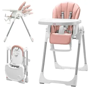 KÜB 3-in-1 Foldable Baby High Chair | 7 Height & 4 Recline Adjustable | Removable Seat & Tray for Easy Clean | 2 Locking Wheels | Multifunctional Infant Highchair for Babies Toddlers Girl (Pink)