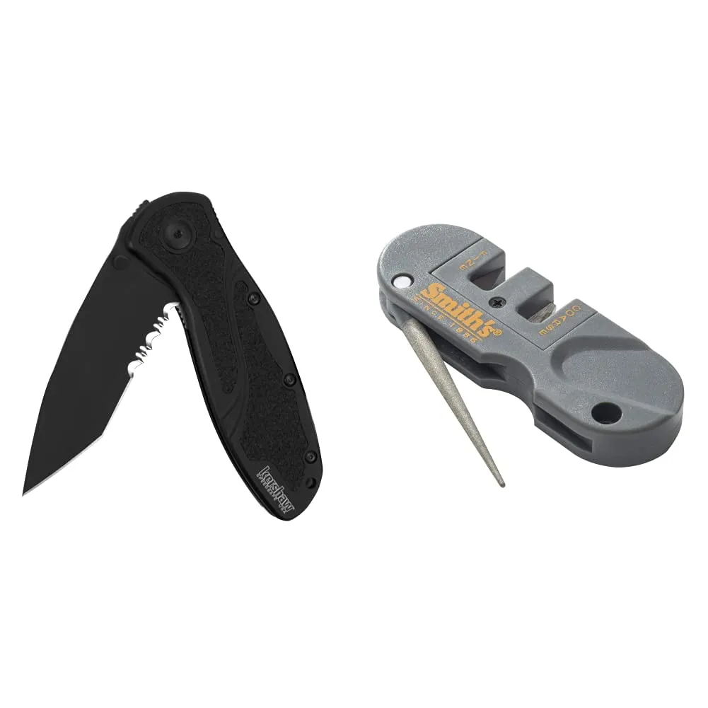 Kershaw Blur Tanto Black Serrated Pocket Knife, 3.4 inch Cerakote Finish Blade, Sandvik 14C28N Steel & Smith’s PP1 Pocket Pal Knife Sharpener Preset Carbide & Ceramic Stone Sharpeners