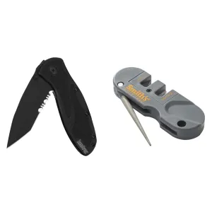 Kershaw Blur Tanto Black Serrated Pocket Knife, 3.4 inch Cerakote Finish Blade, Sandvik 14C28N Steel & Smith’s PP1 Pocket Pal Knife Sharpener Preset Carbide & Ceramic Stone Sharpeners