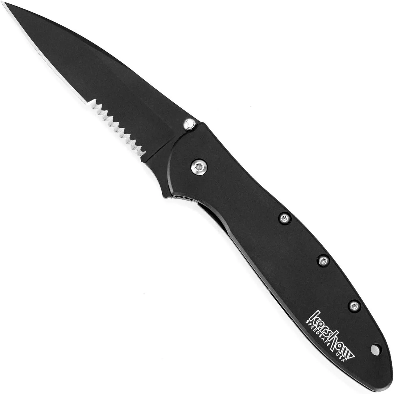 Kershaw Leek Black Serrated EDC Pocketknife, 3" Sandvik 14C28N Steel Blade, Assisted Opening Folding Knife
