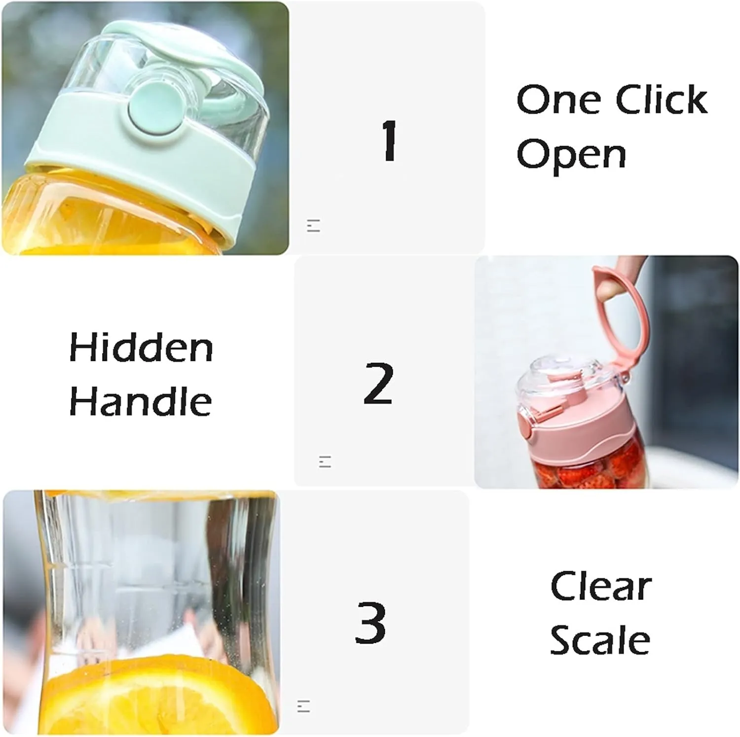kettles Large Capacity Plastic Water Bottles with One-Click Push Button,Durable Portable Sports Bottles,Leakproof Cups Sealed Lid canteen(A)