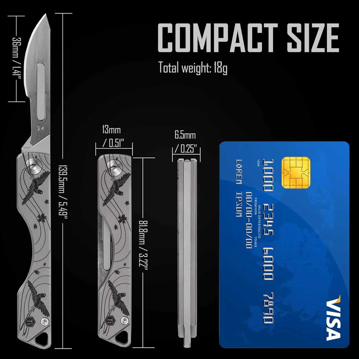 KeyUnity KK01 Titanium Folding Knife, Utility EDC Pocket Knife with #24 Replaceable Blade, for Outdoor Hunting, Camping, Fishing, Hiking for Men & Women (Cherry Blossom Bird Pattern)