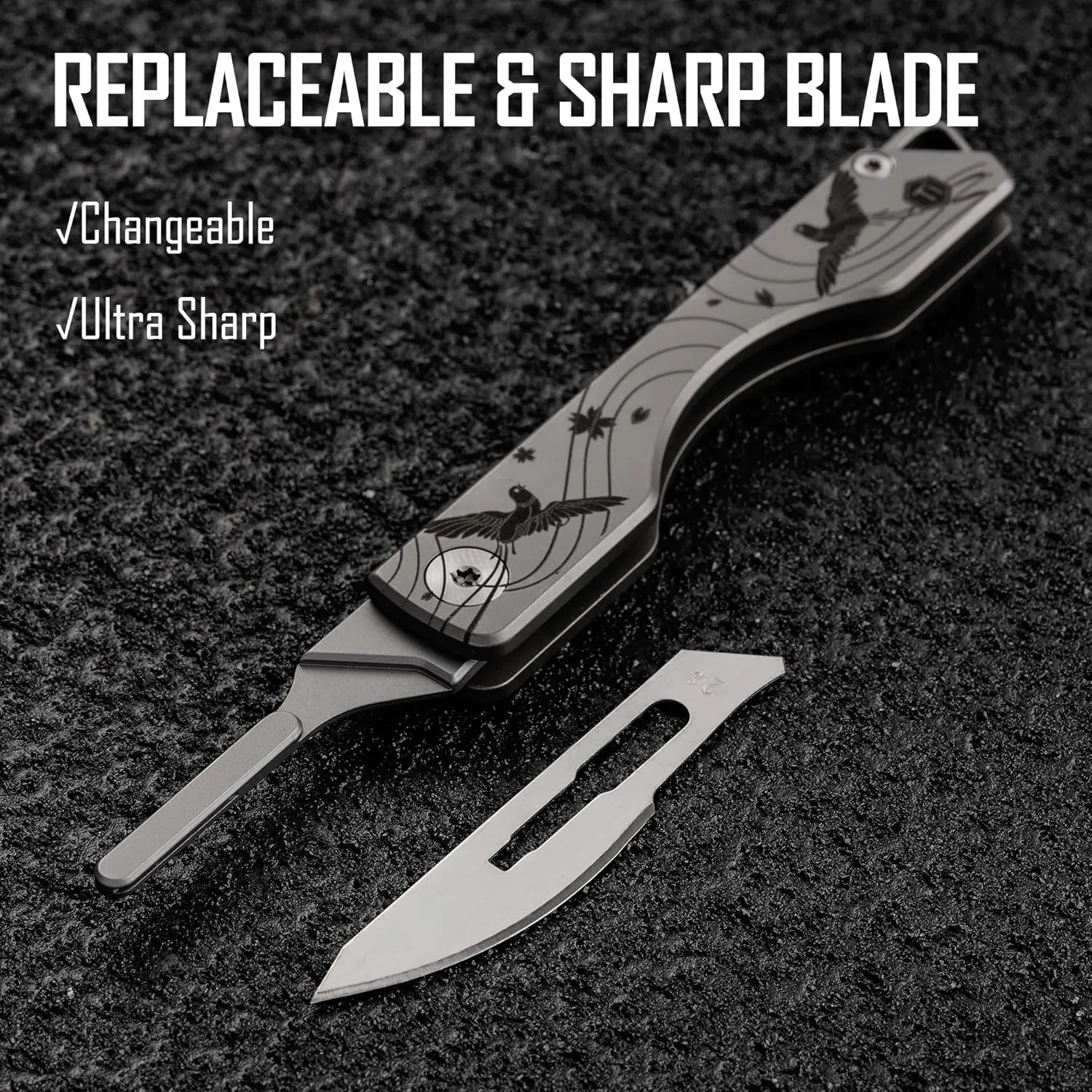 KeyUnity KK01 Titanium Folding Knife, Utility EDC Pocket Knife with #24 Replaceable Blade, for Outdoor Hunting, Camping, Fishing, Hiking for Men & Women (Cherry Blossom Bird Pattern)
