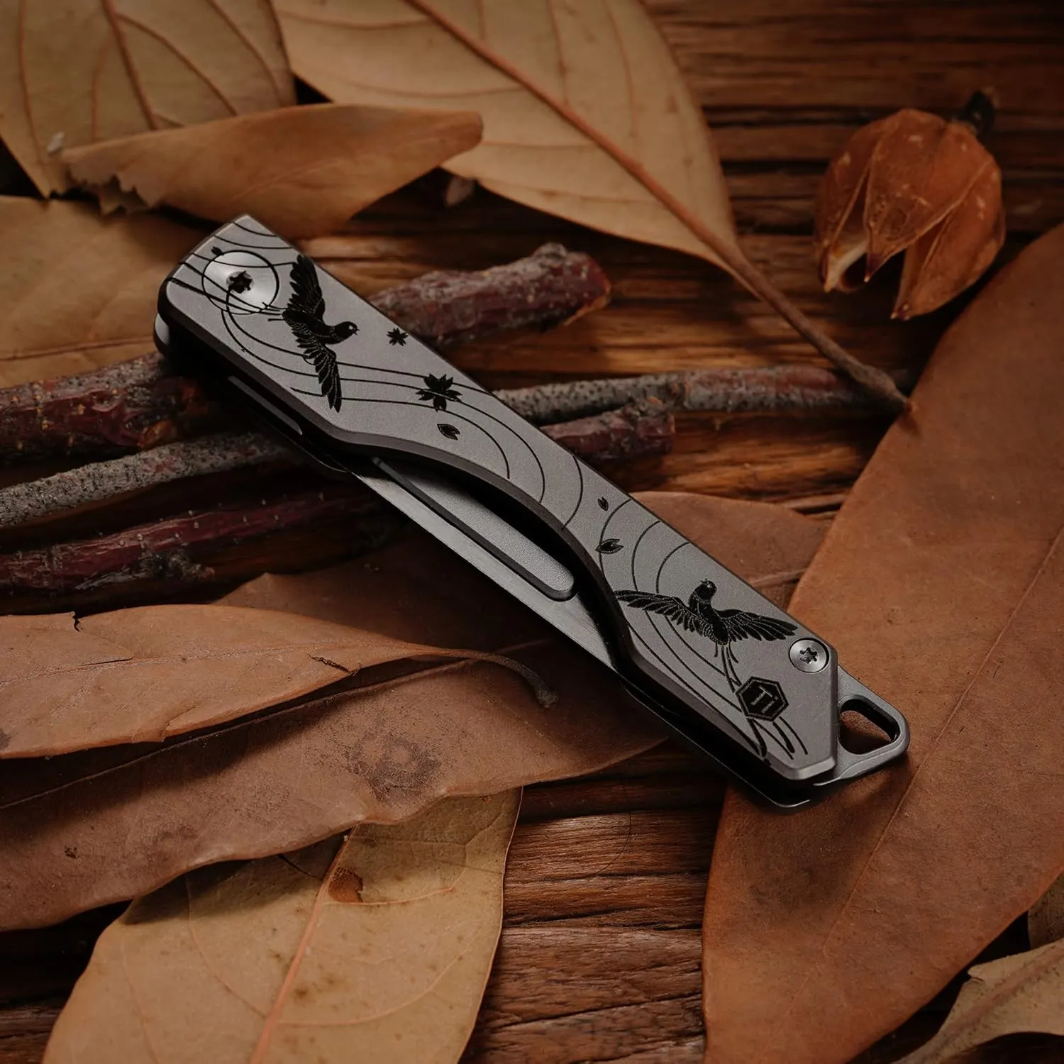 KeyUnity KK01 Titanium Folding Knife, Utility EDC Pocket Knife with #24 Replaceable Blade, for Outdoor Hunting, Camping, Fishing, Hiking for Men & Women (Cherry Blossom Bird Pattern)