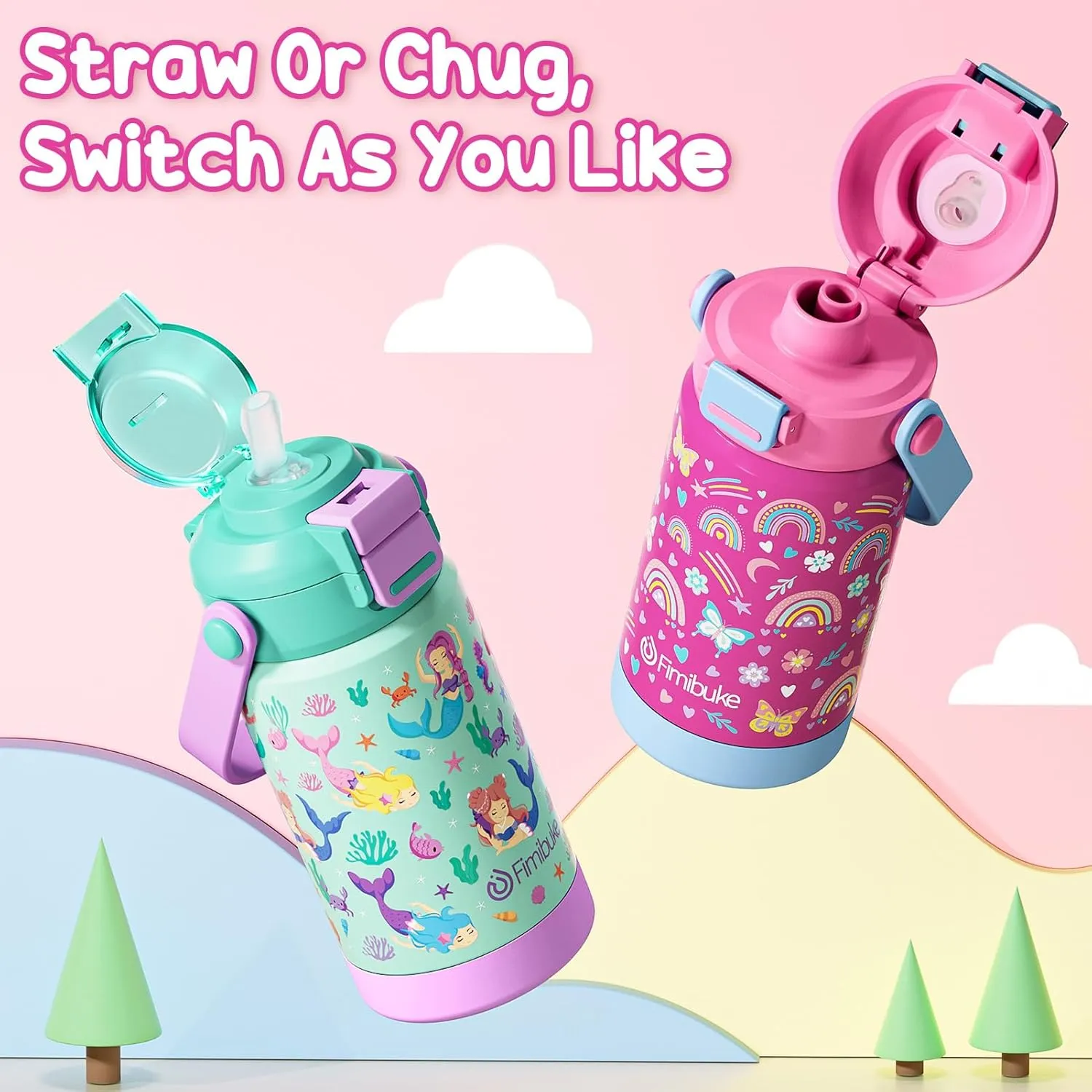 Kids Insulated Water Bottle with Pop-Open Straw & Spout 2-in-1 Lid, 14oz Leak Proof 18/8 Stainless Steel Vacuum Tumbler, BPA-Free Kids Cup For Travel School Boys Girls Toddler 2 Packs,Sea World